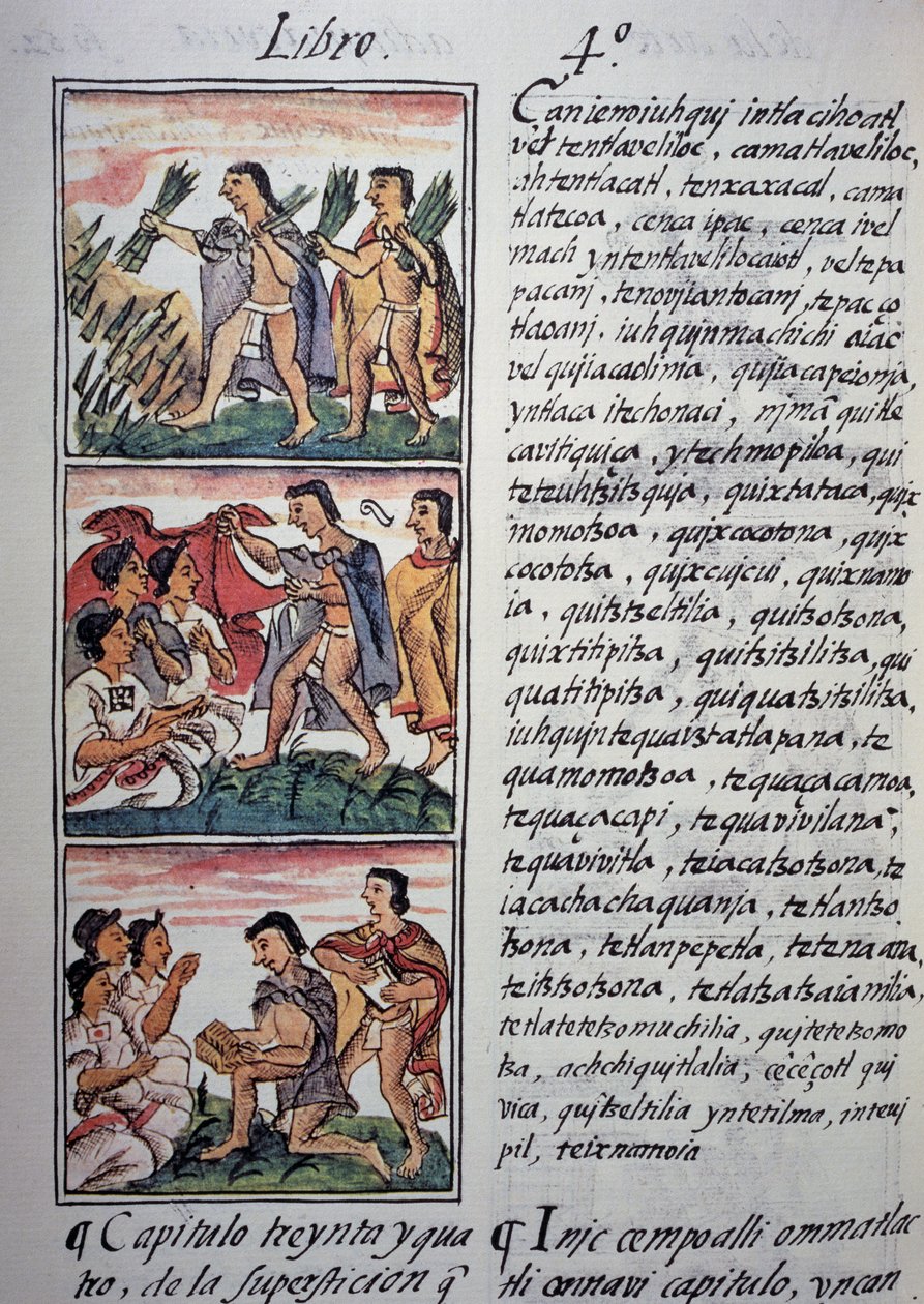 Tro og overtro, bok IV av den florentinske kodeksen, tospråklig versjon på spansk og nahuatl, generell historie om tingene i det nye Spania, aztekisk sivilisasjon av Georg Carl Heinrich Dollmann