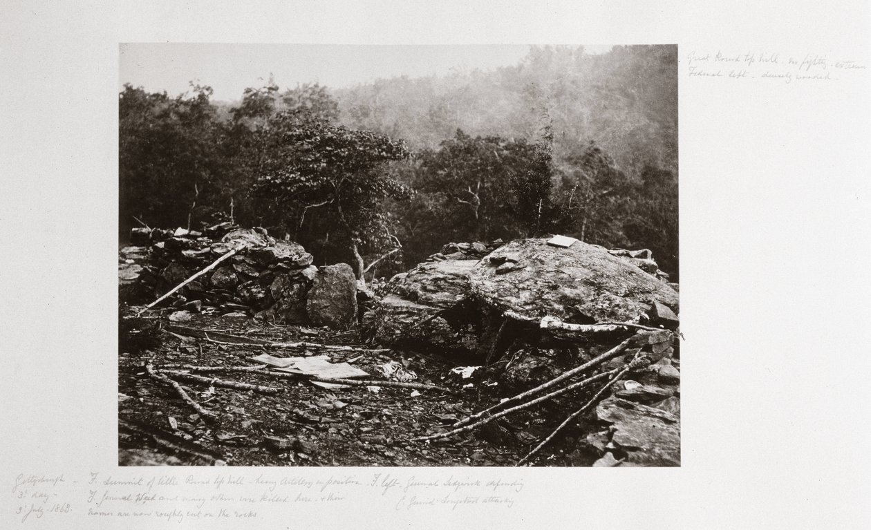 Breastworks på Little Round Top Hill, Gettysburg, Pennsylvania, juli 1863 av Ferdinand Georg Waldmuller