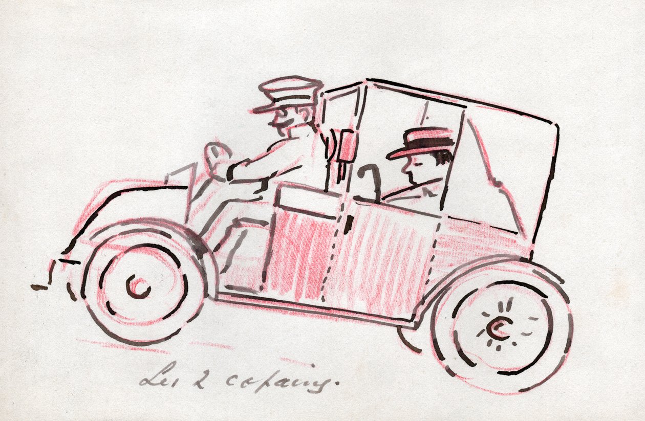 Bil med sjåfør. rundt 1910 (tegning) av . .