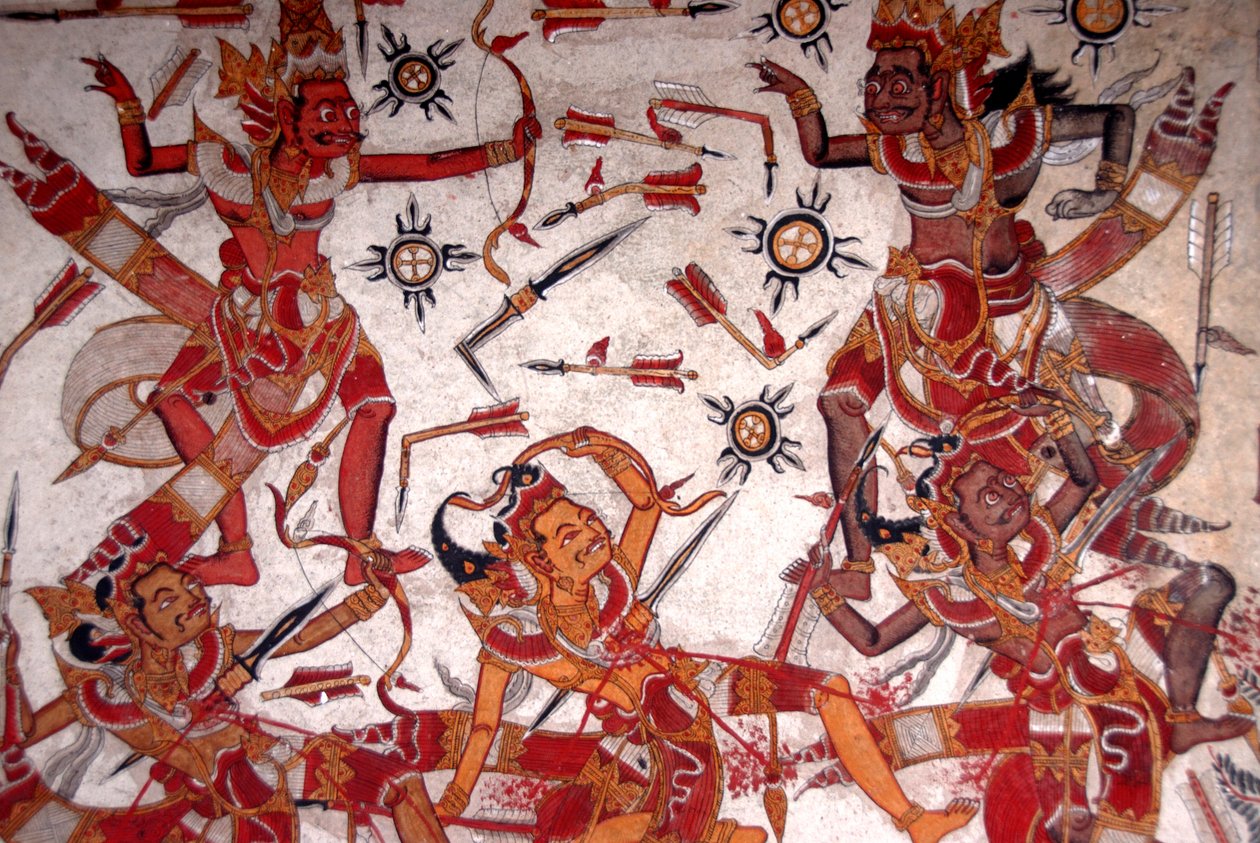 Takmaleri i det kongelige slott; Battle of the Gods; Papir Gosa; Gili palasspark; Klungkung; Semarapura; Bali; Indonesia; Sørøst-Asia; Asia av Frederick (attr. to) Barnard