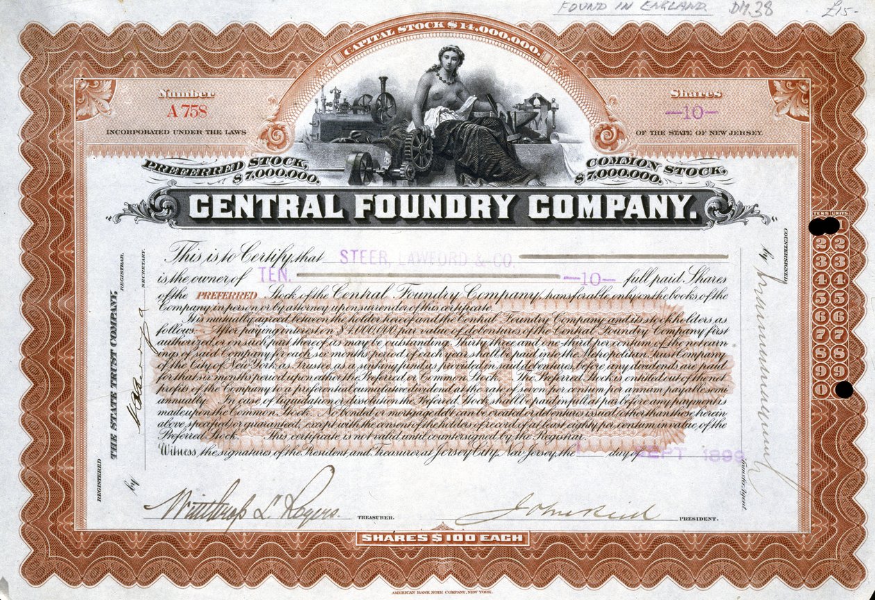 Central Foundry aksjebevis, Brasil av Frederick (attr. to) Barnard