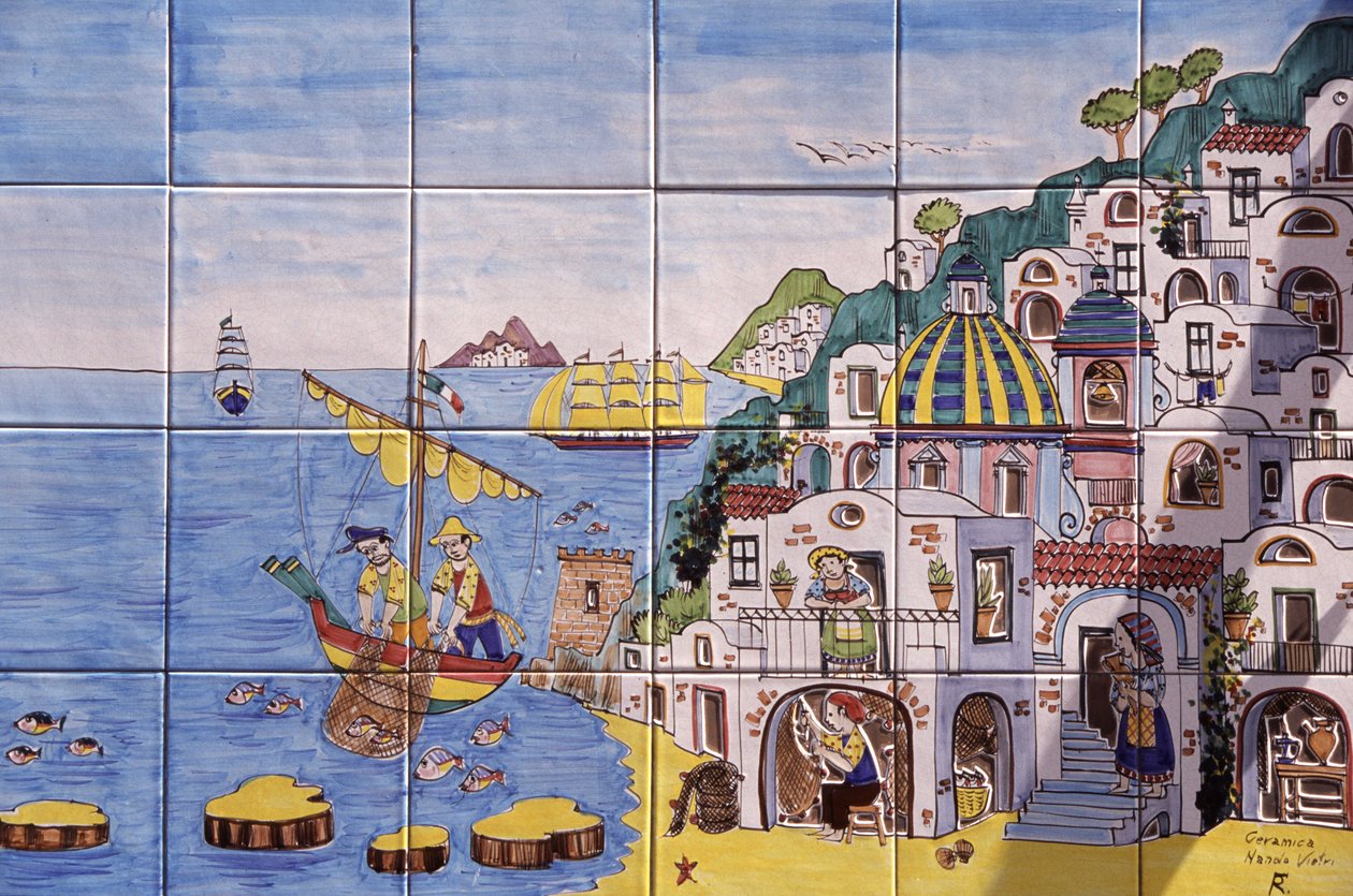 Keramikkmalte fliser, Positano, Amalfikysten, Campania, Italia av John Pardon