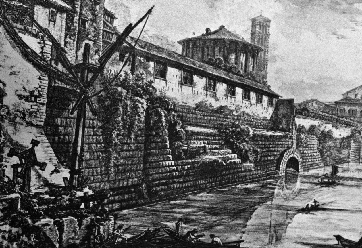 Cloaca Maxima (gammelt kloakksystem) og tempelet til Vesta eller Hercules Victor, gravering av Giovanni Battista Piranesi (1720-1778), Italia av William Walcutt