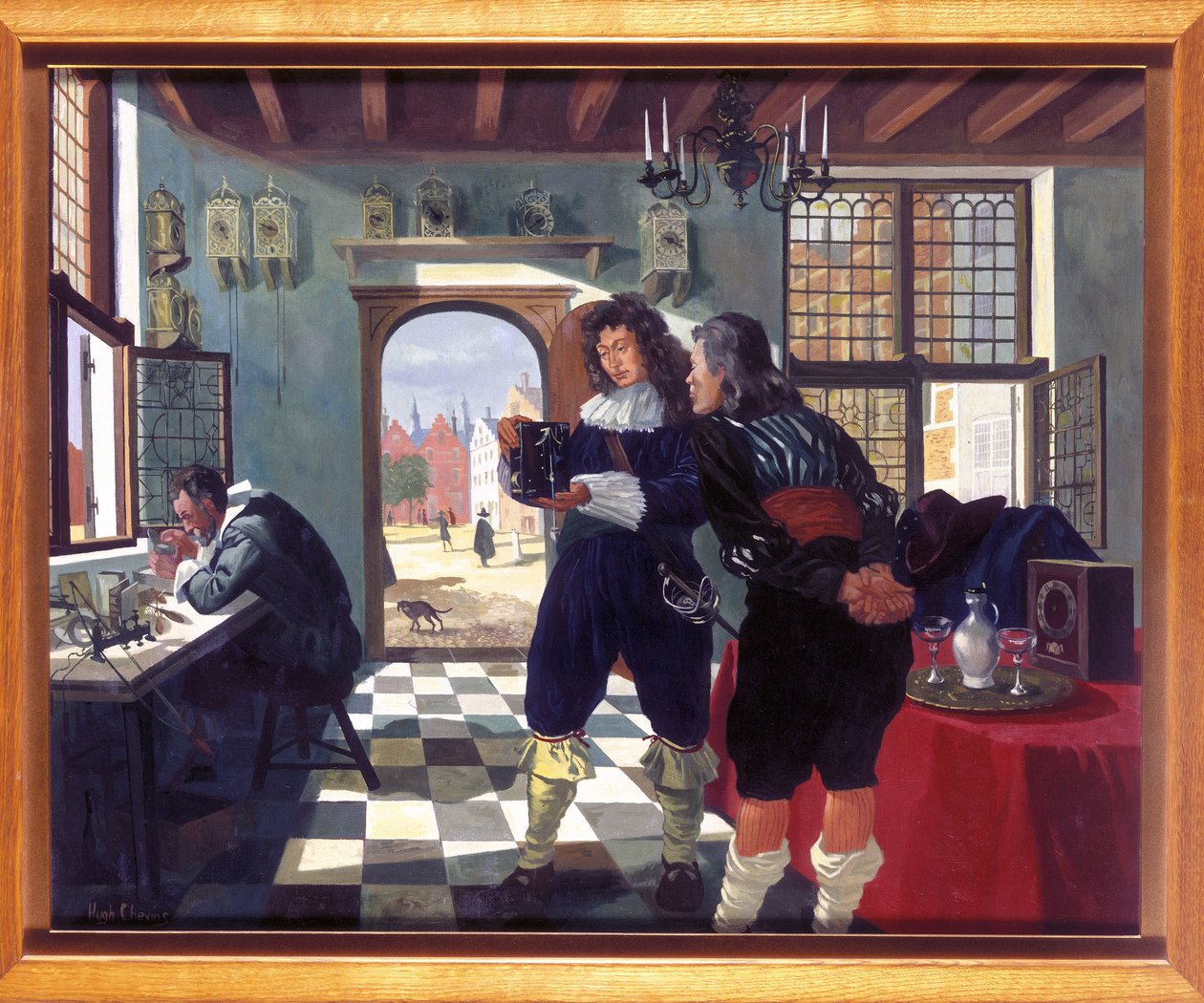 Klokke- og urmakere Christiaan Huygens i Salomon Costers urmakerbutikk av Frederick (attr. to) Barnard