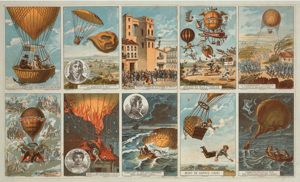 Samle kort med bilder av hendelser i ballonghistorien fra 1795 til 1846, ca. 1900 (kromolitografi) av . .