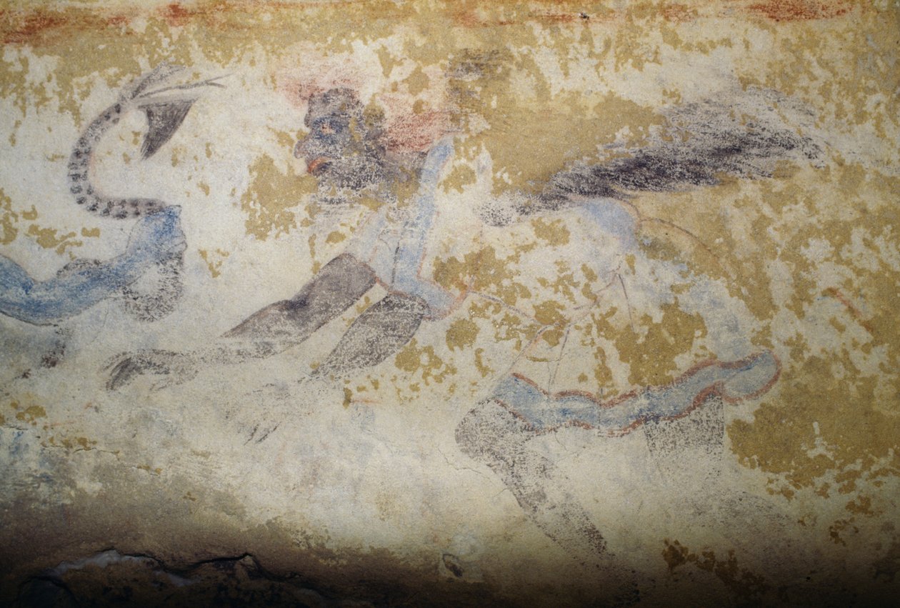 Demon, freskomaleri, Tomb of Blue Demons, Necropolis of Tarquinia (UNESCOs verdensarvliste, 2004), Lazio, Italia, etruskisk sivilisasjon, 5. århundre f.Kr. (bilde) av Georg Carl Heinrich Dollmann