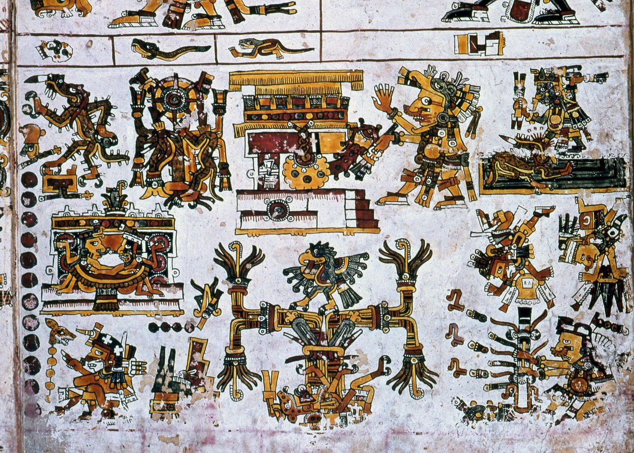 Detalj fra en faksimile Kopi av en side av Codex Borgia som viser de fire retningene og midten (farge litho) av Hippolyte Lalaise Devéria