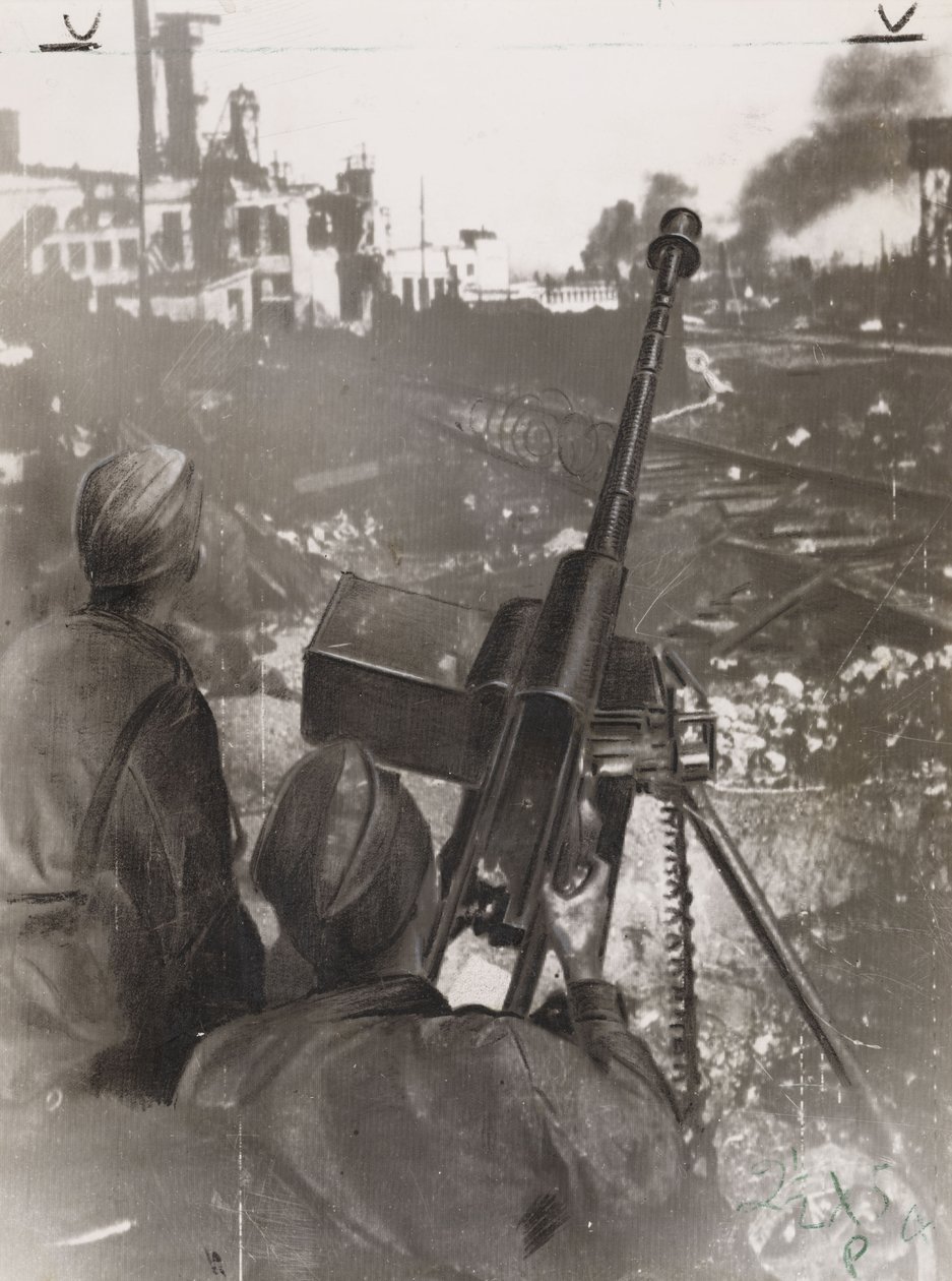 Andre verdenskrig (1939-1945): to russiske anti-tank (anti-tank) skyttere forsvarte en fabrikk nær en jernbanelinje under slaget ved Stalingrad (Russland) i 1942 av Frederick (attr. to) Barnard
