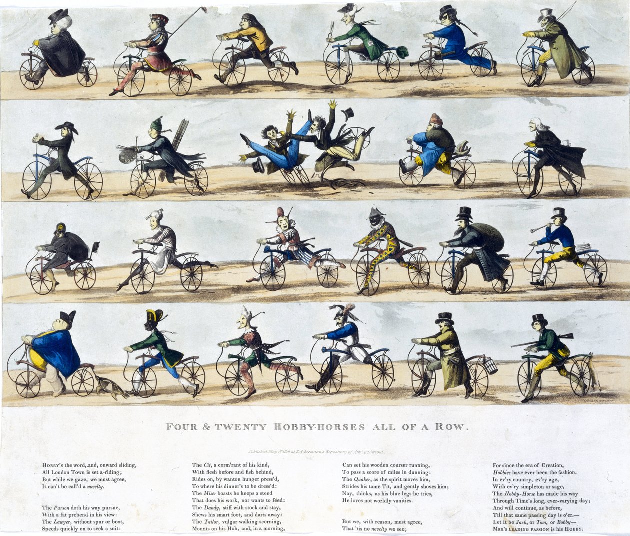 Draisiennes dite velocipedes: Fire og tjue hobbyhester på rad av Ferdinand Georg Waldmuller