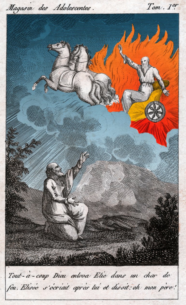 Elijah tar av til himmelen, rundt 1880 (gravering) av . .