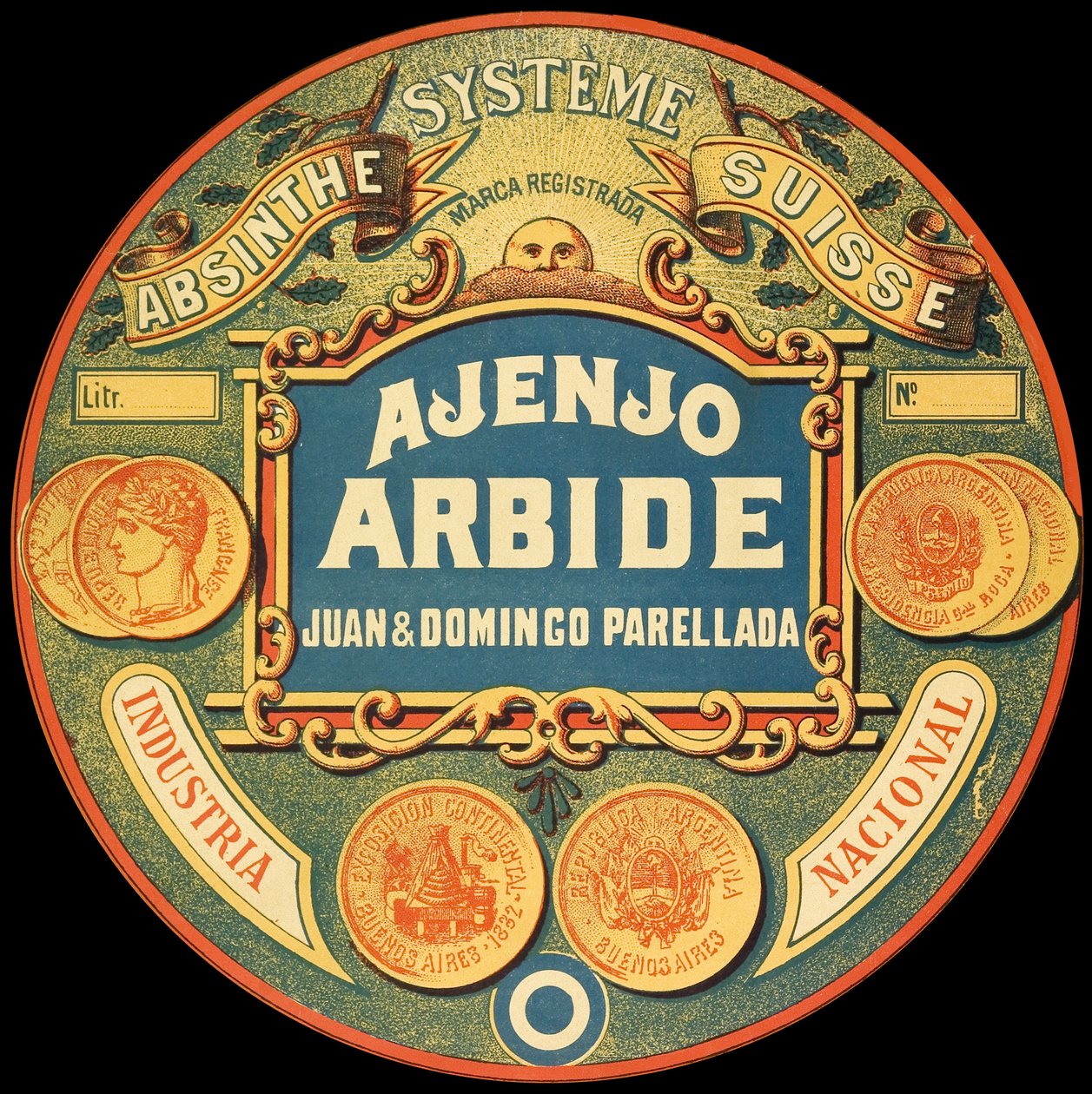 Etikett av det argentinske absintmerket Ajenjo Arbide av Frederick (attr. to) Barnard