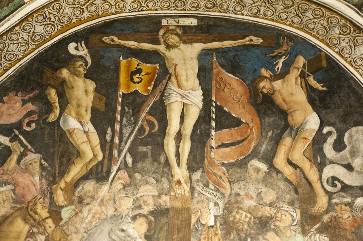 Berømt korsfestelsesgruppe av Hans Clemer, freskomaleri i koret, sognekirken Chiesa Parrocchiale, Elva, provinsen Cuneo, Piemonte, Italia, Europa av Ferdinand Georg Waldmuller