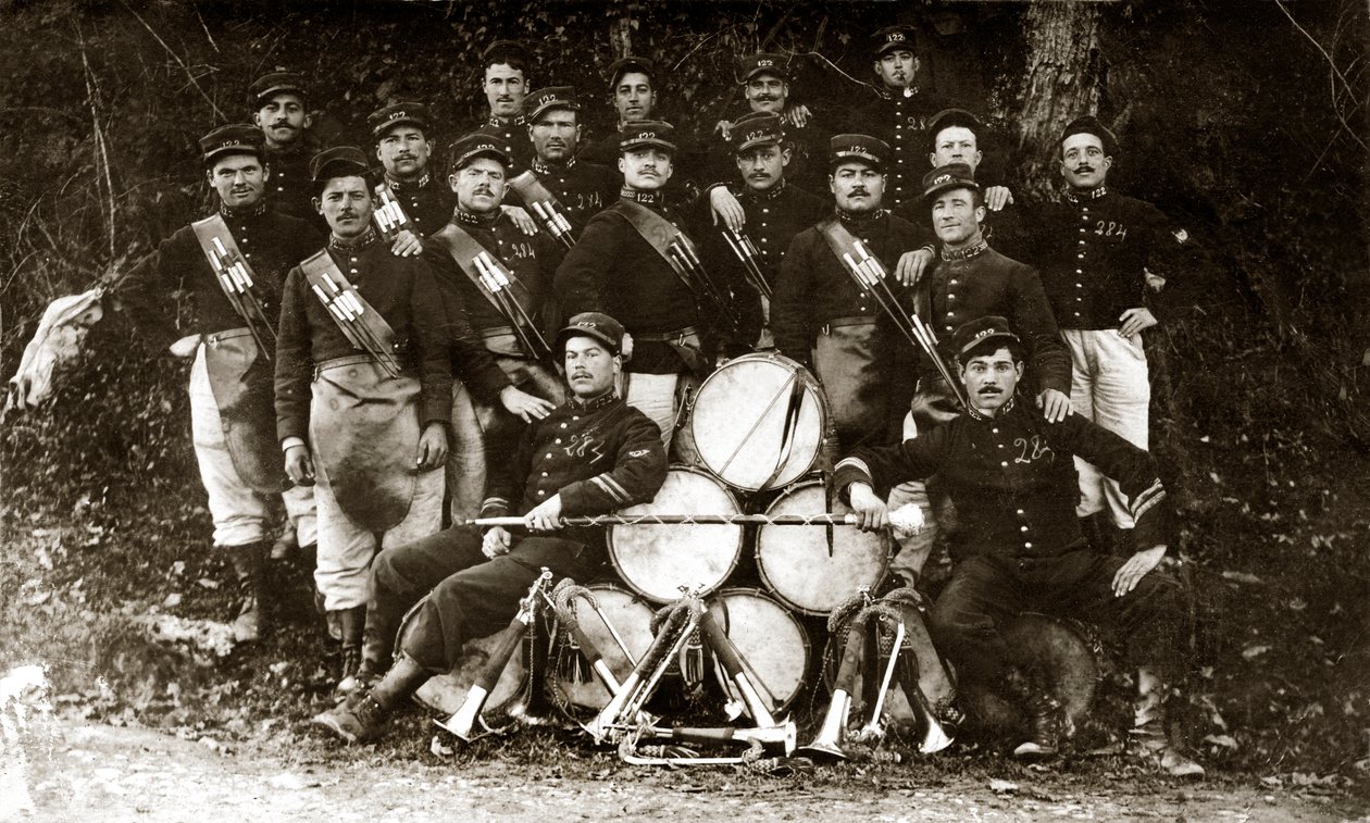 Fanfare av det 122. franske infanteriregimentet under den første verdenskrig 14-18 (s/hv-bilde) av . .