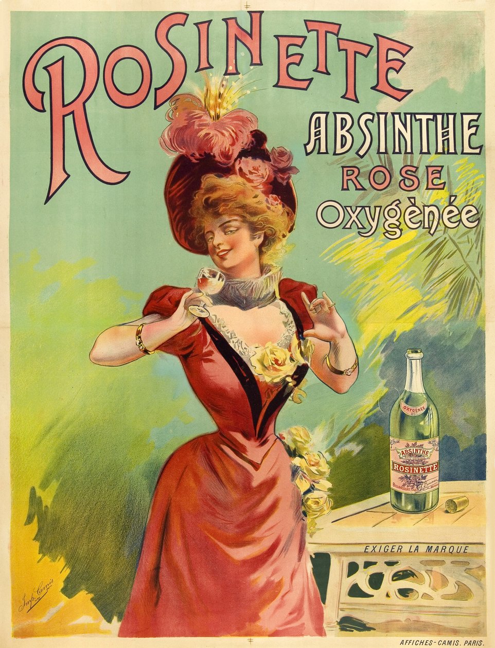 Elegant kvinne kledd i Belle Epoque-mote nyter et glass absint av Frederick (attr. to) Barnard