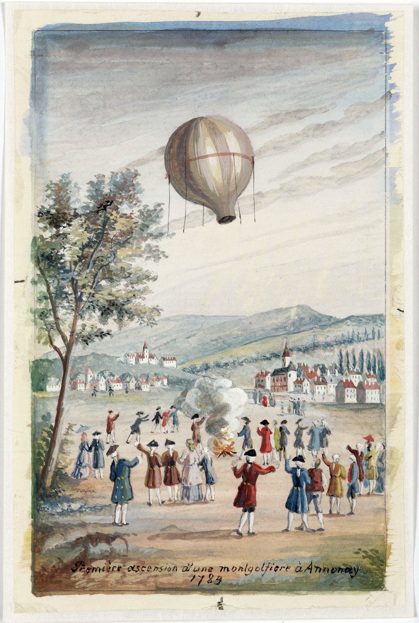 'First Ascension of a Montgolfier at Annonay', Frankrike, 5. juni 1783 av Frederick (attr. to) Barnard