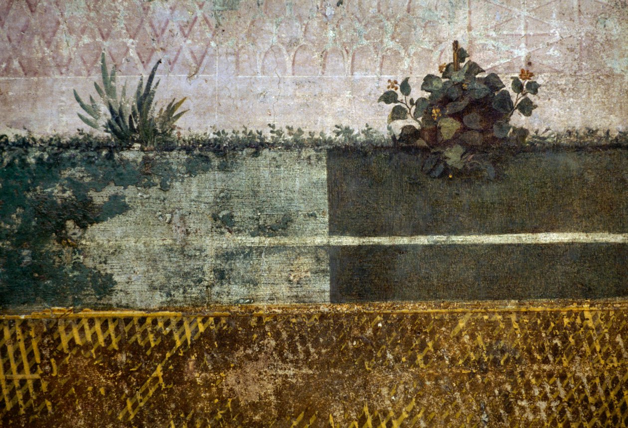 Blomstervase, detalj fra en freskomaleri som viser en hage med frukttrær og fugler, fra House of Livia på Palatine-høyden, Roma, Italia. romersk sivilisasjon av Georg Carl Heinrich Dollmann