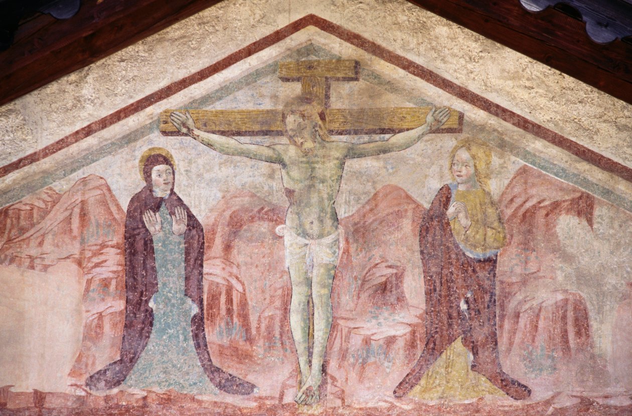 Freskomaleri med korsfestelse i tympanum til St Anthony-kirken, Romeno, Trentino-Alto Adige, Italia av William Walcutt