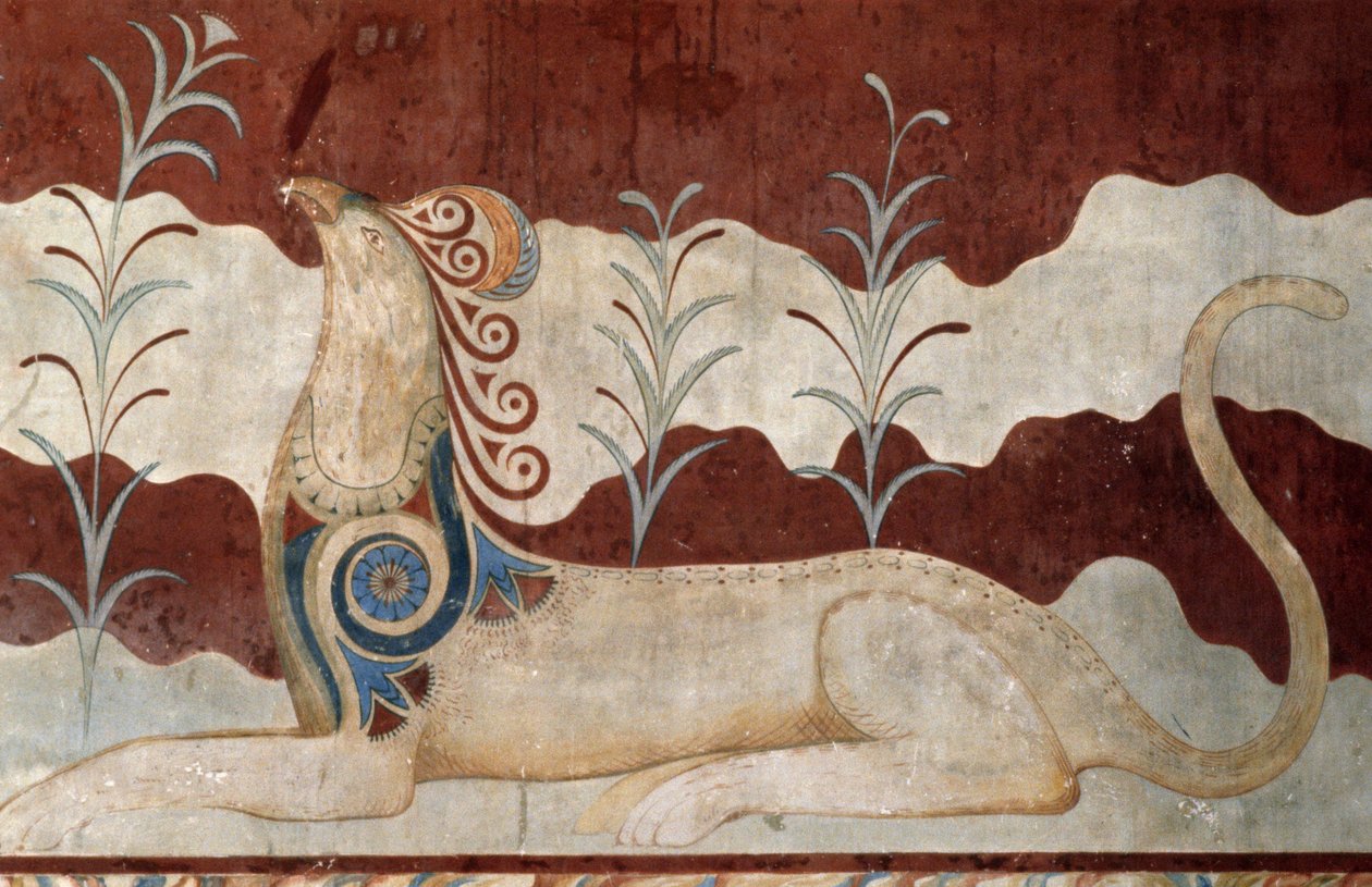 Griffin, freskomaleri i tronrommet, Knossos-palasset, Kreta, Hellas, minoisk sivilisasjon av Georg Carl Heinrich Dollmann