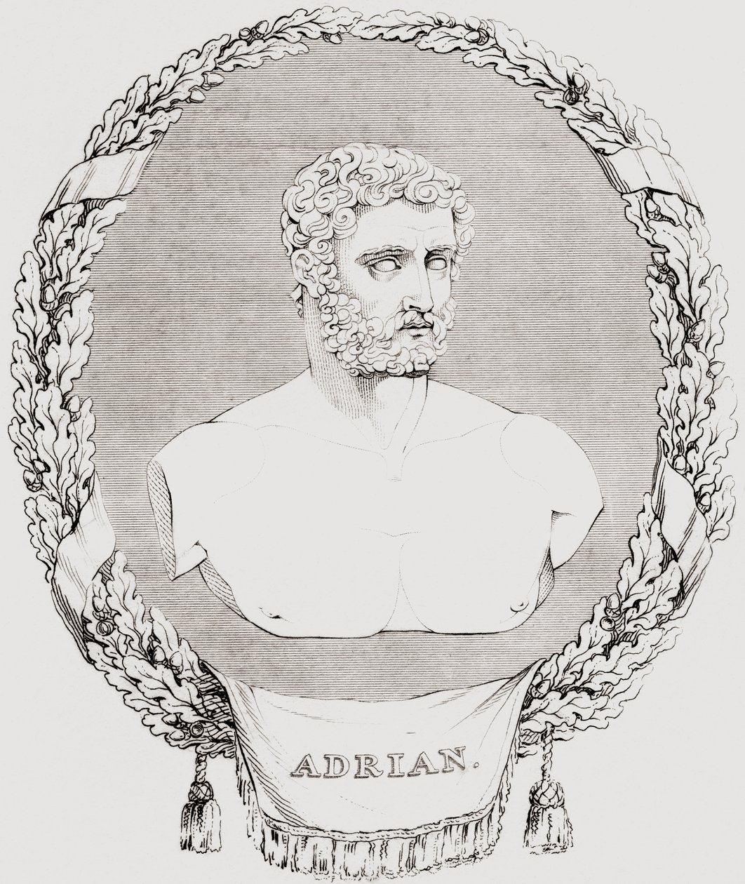 Hadrian, Publius Aelius Trajanus Hadrianus Augustus (76 – 138), romersk keiser, fra 'The Historic Gallery of Portraits and Paintings', utgitt 1808 av Ferdinand Georg Waldmuller