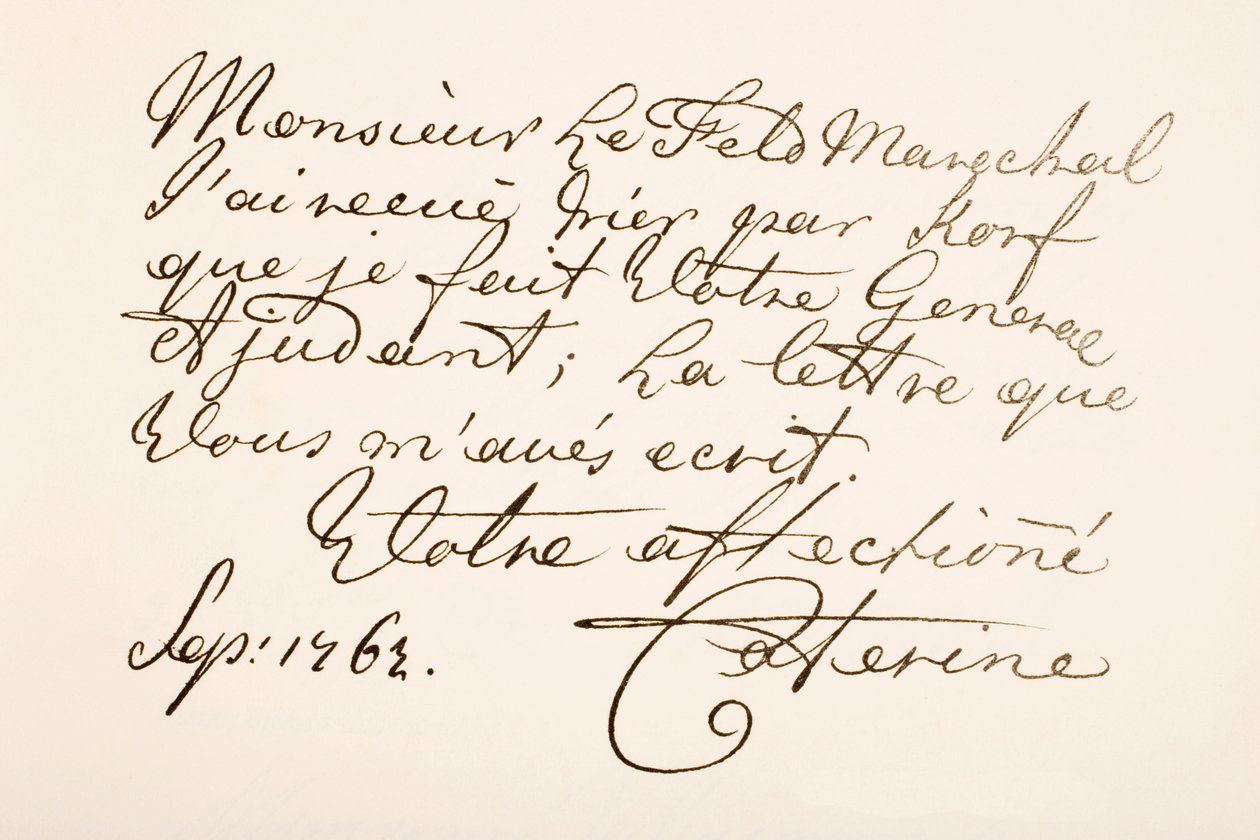 Håndskriftprøve av keiserinne Katarina II av Russland, kjent som Katarina den store av Ferdinand Georg Waldmuller