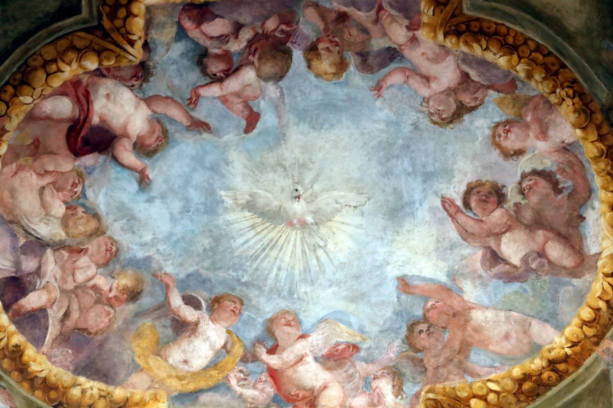 Hellig ånd og engler. Fersk. Santa Maria delle Vigne-basilikaen. Genova. Italia. av . .