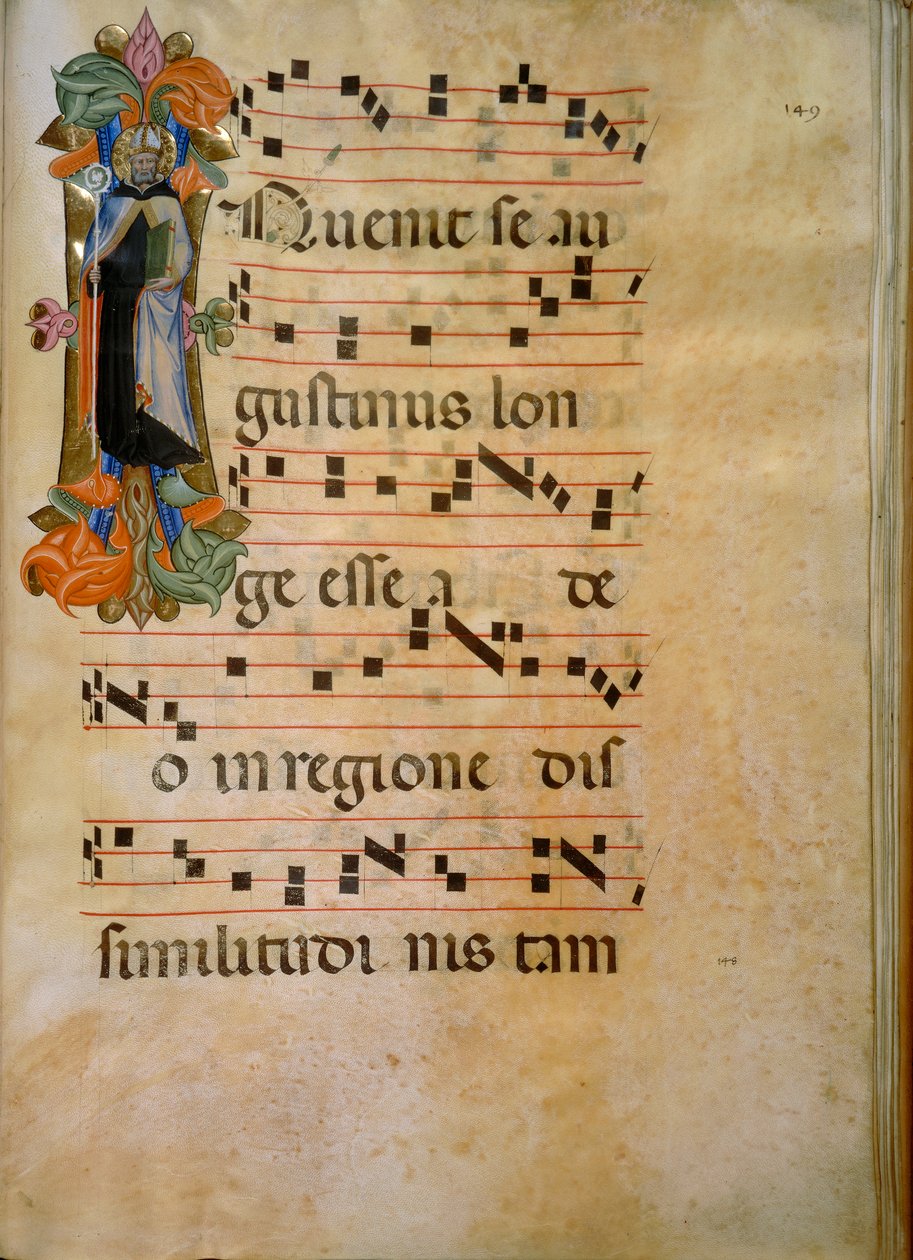 Opplyst initial med figuren til Saint Augustine (Corale 19, ca. 149), verk av Silvestro dei Gherarducci for korbok 19 av Santa Maria degli Angeli konservert i Biblioteca Medice-Laurenziana i Firenze av Henry Charles Fehr