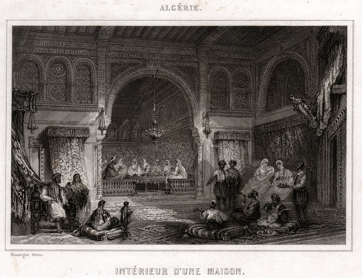 Interiør i Algerie, rundt 1840 (gravering) av . .