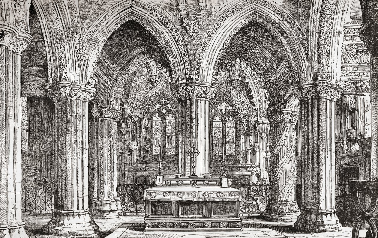 Interiør av Rosslyn Chapel, Roslin, Midlothian, Skottland. av . .