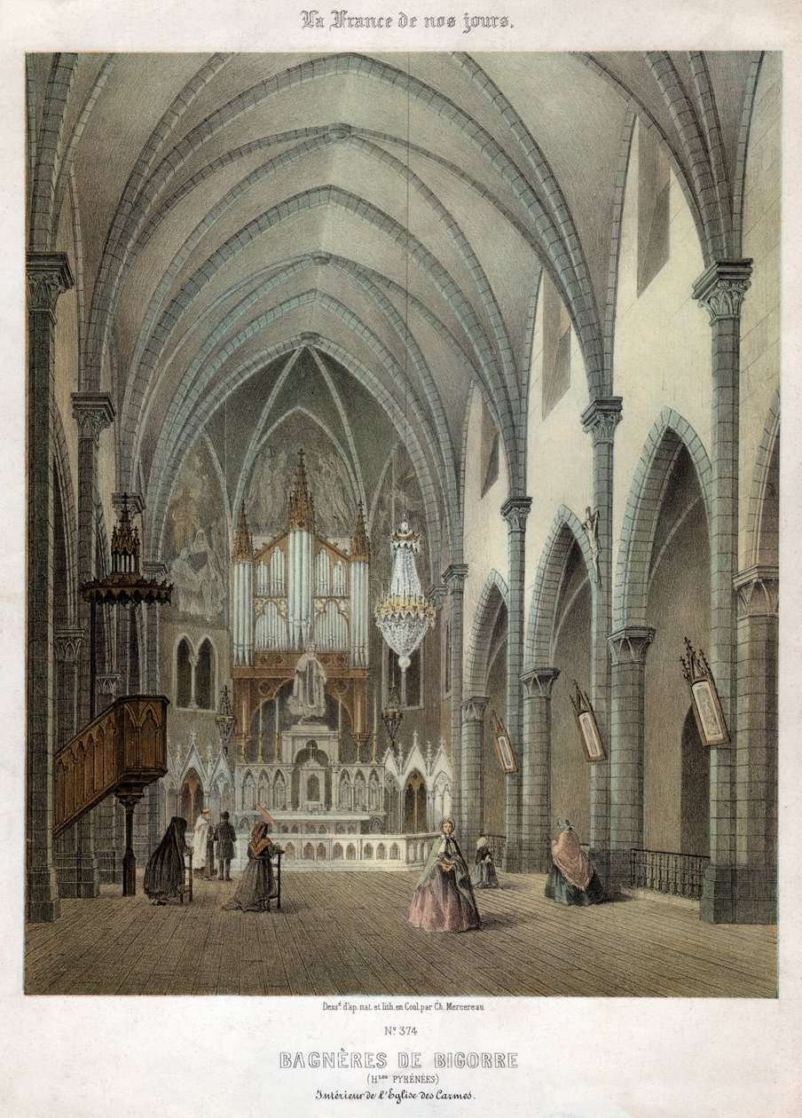 Interiør av karmelittkirken i Bagneres de Bigorre. ca. 1870 (gravering) av . .