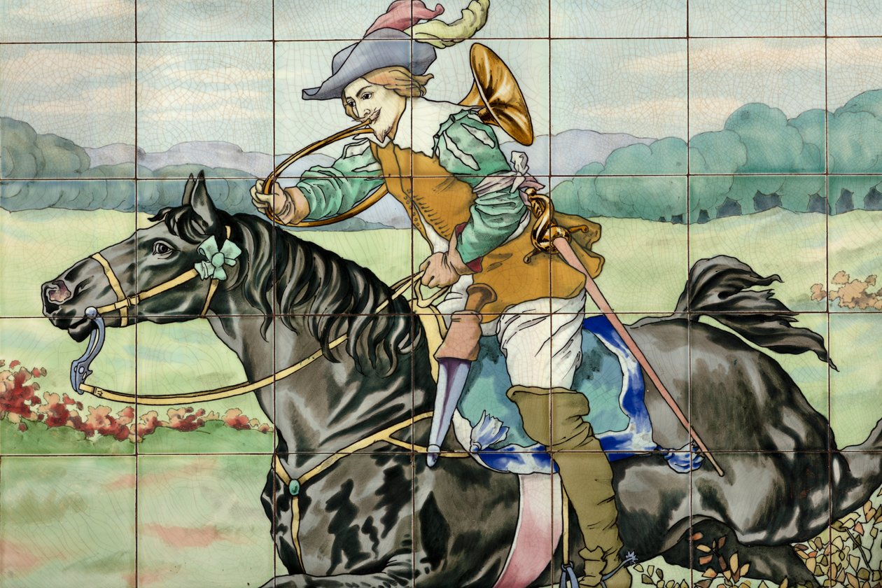 Innvendig visning, flispanel, maler Furcy Ernest Tondeur, eksekutør Boch Frères La Louvière, andre panel viser jaktscene med galopperende rytter med jakthorn av . .