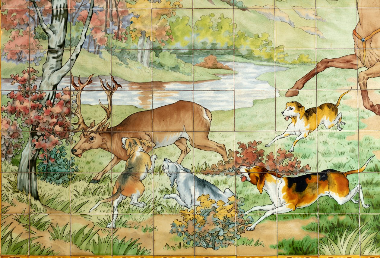 Innvendig visning, flispanel, maler Furcy Ernest Tondeur, eksekutør Boch Frères La Louvière, første panel, jaktscene med tre ryttere, detalj av . .