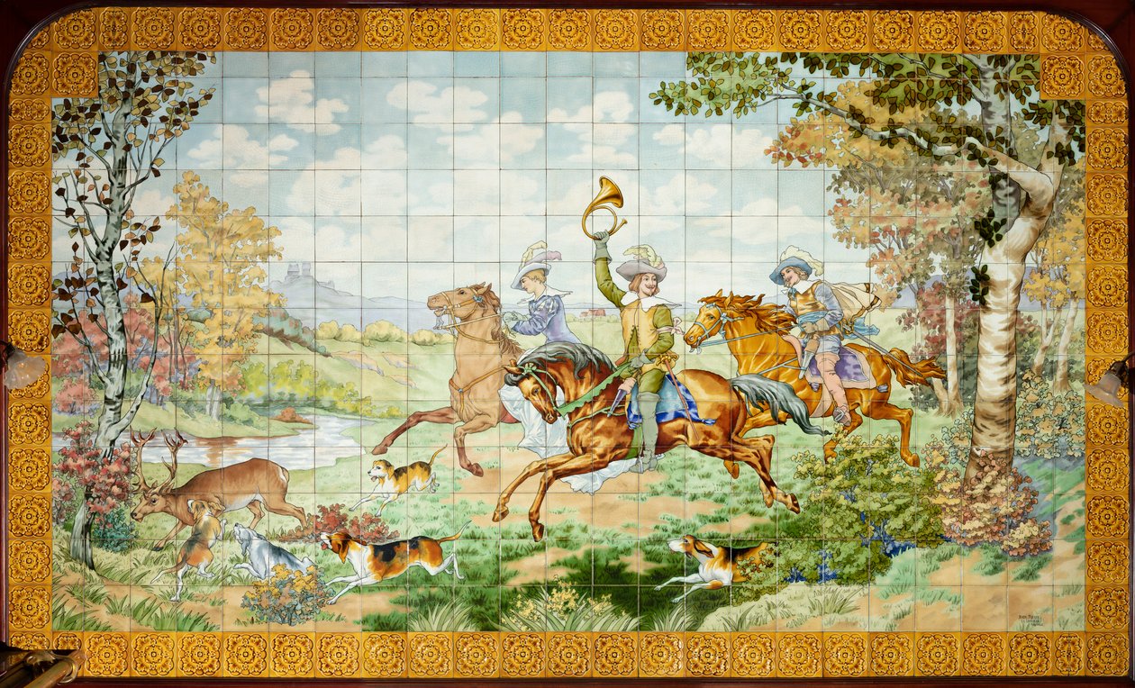 Innvendig visning, flispanel, maler Furcy Ernest Tondeur, eksekutør Boch Frères La Louvière, første panel, jaktscene med tre hester av . .