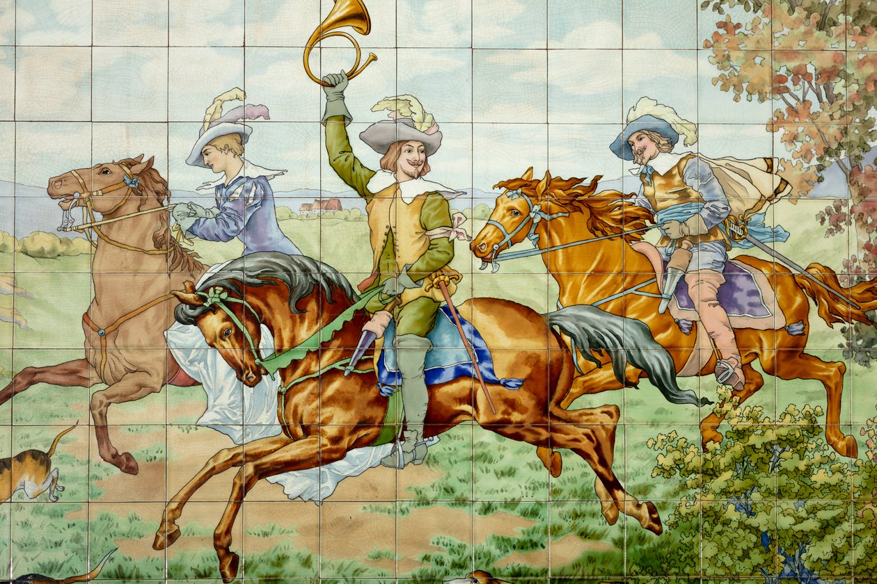 Innvendig visning, flispanel, maler Furcy Ernest Tondeur, eksekutør Boch Frères La Louvière, første panel, jaktscene med tre ryttere, detalj av . .