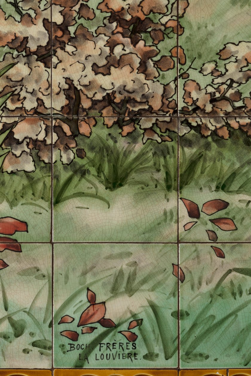 Innvendig visning, flispanel, maler Furcy Ernest Tondeur, eksekutør Boch Frères La Louvière, andre panel, detalj av . .