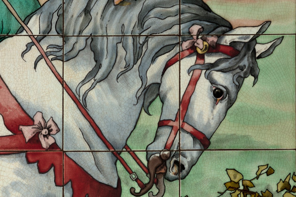Innvendig visning, flispanel, maler Furcy Ernest Tondeur, eksekutør Boch Frères La Louvière, andre panel, detalj av . .