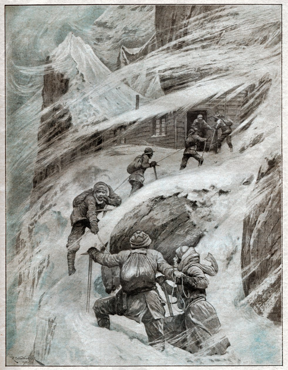Italienske turister sitter fast i stormen i de italienske alpene. 1925 (illustrasjon) av . .