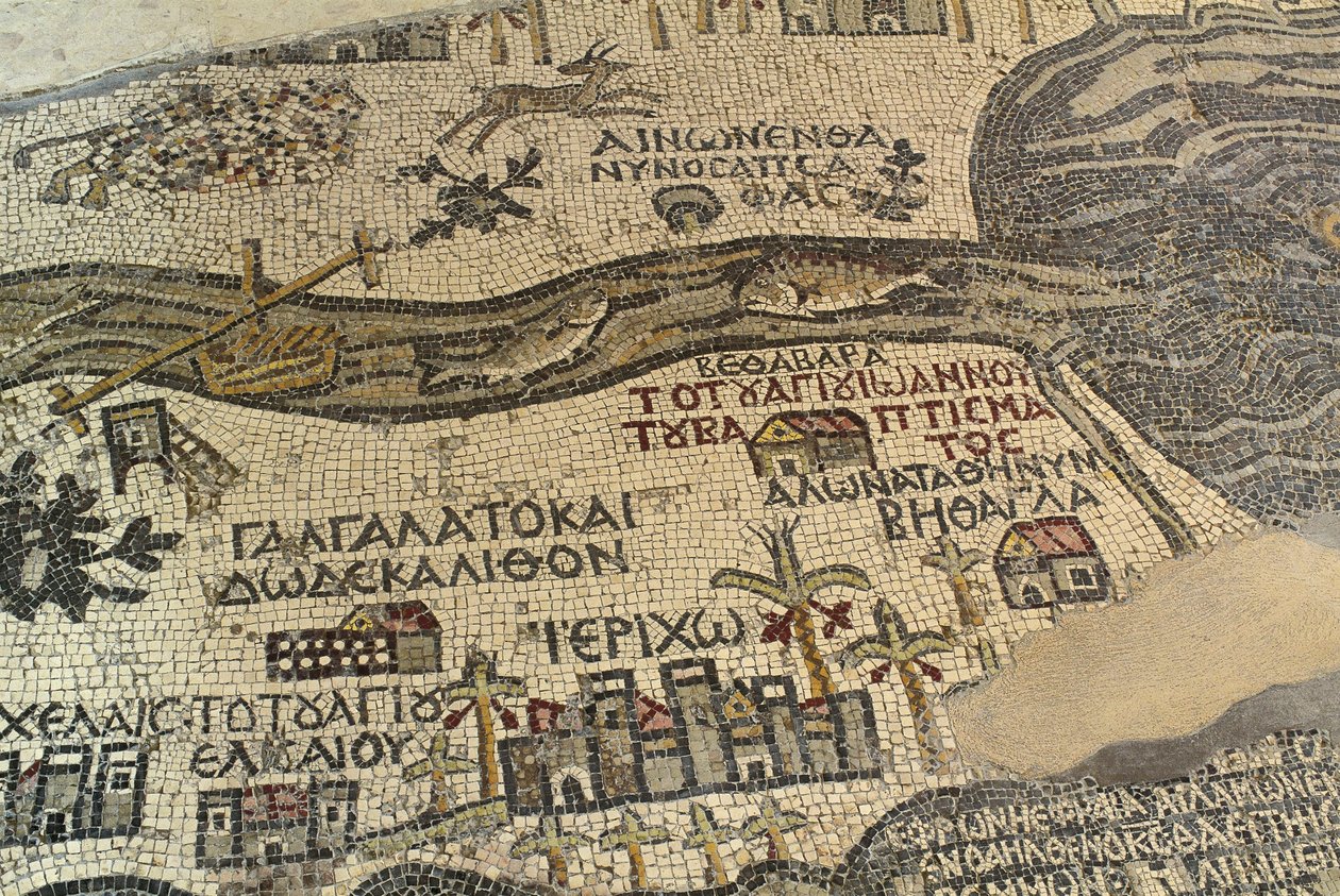 Jeriko og dens omgivelser, inkludert elven Jordan og Dødehavet, detalj av Det hellige land-kartet, gulvmosaikk, ca 560 e.Kr., apsis av basilikaen Saint George, Madaba, Jordan, bysantinsk sivilisasjon, 600-tallet e.Kr. av School Lebanese