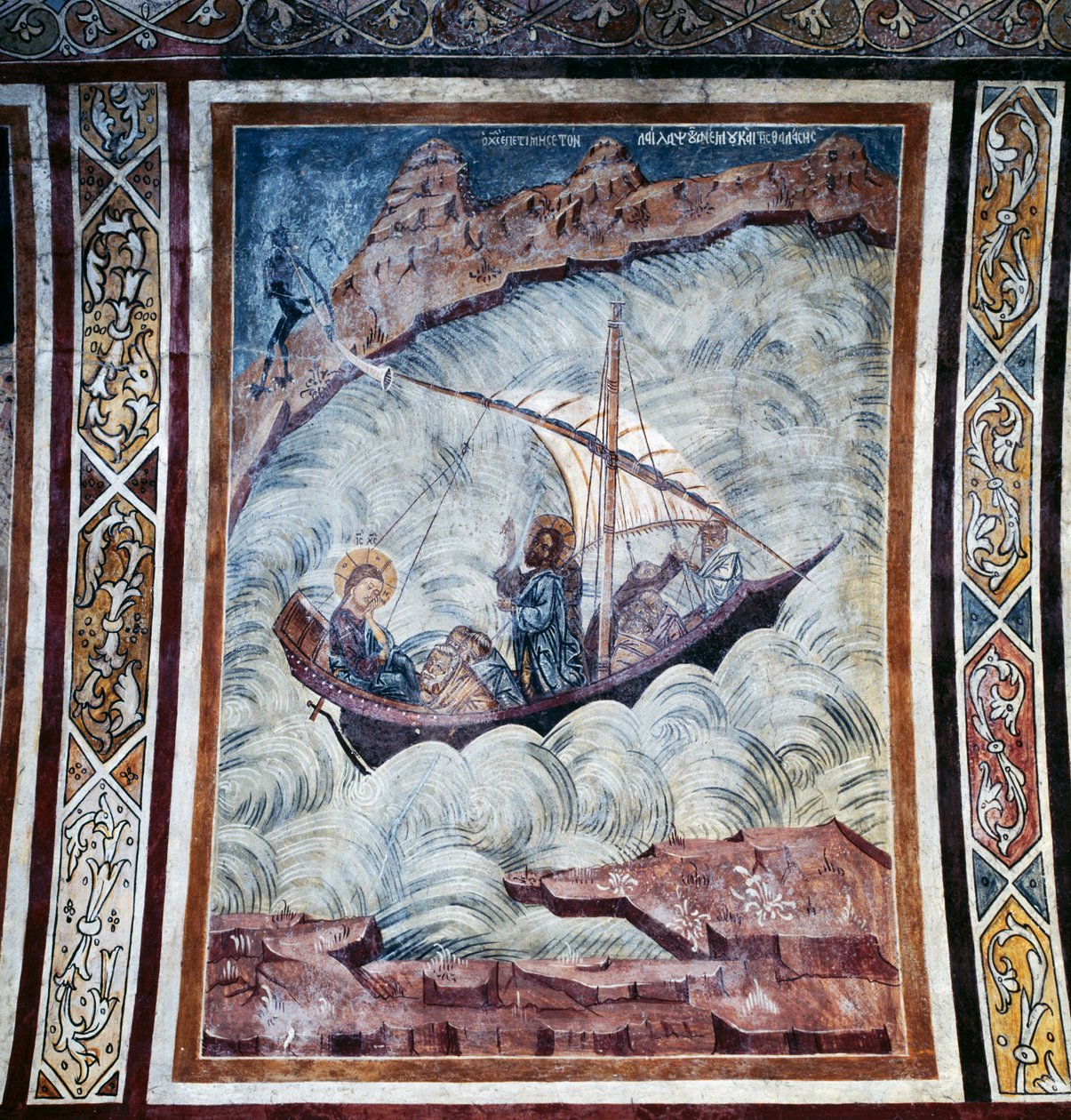 Jesus beroligende storm, freskomaleri på hvelvet til kirken i Thari-klosteret, Rhodos-øya, Hellas av Georg Carl Heinrich Dollmann