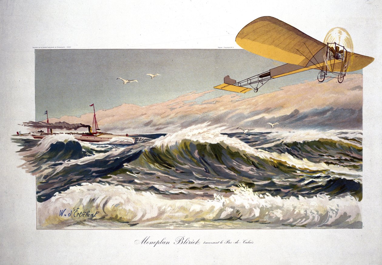 Louis Bleriot (1872-1936), fransk flyger, krysset kanalen 25. juli 1909, ombord på sitt monoplan "Bleriot XI" av Ferdinand Georg Waldmuller