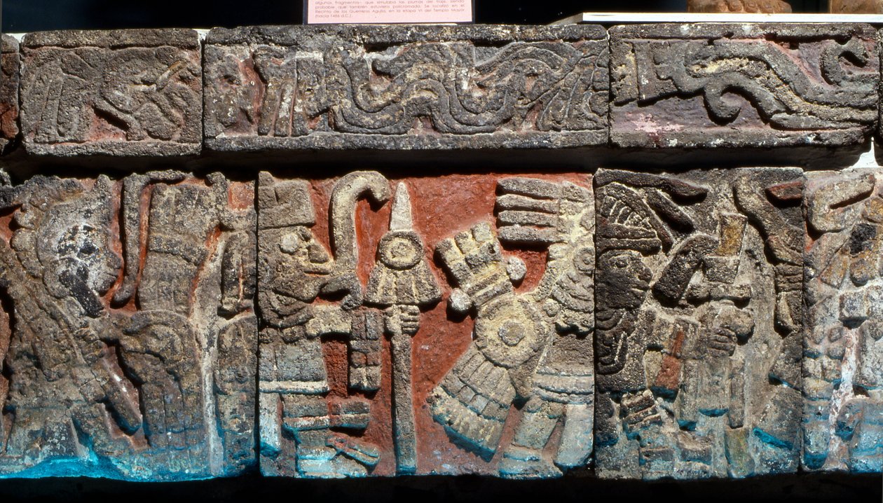 Lavrelieff på en benk i Templo Mayor, sen post-klassisk periode, ca. 1500 (stein med malt stukkatur) av Hippolyte Lalaise Devéria