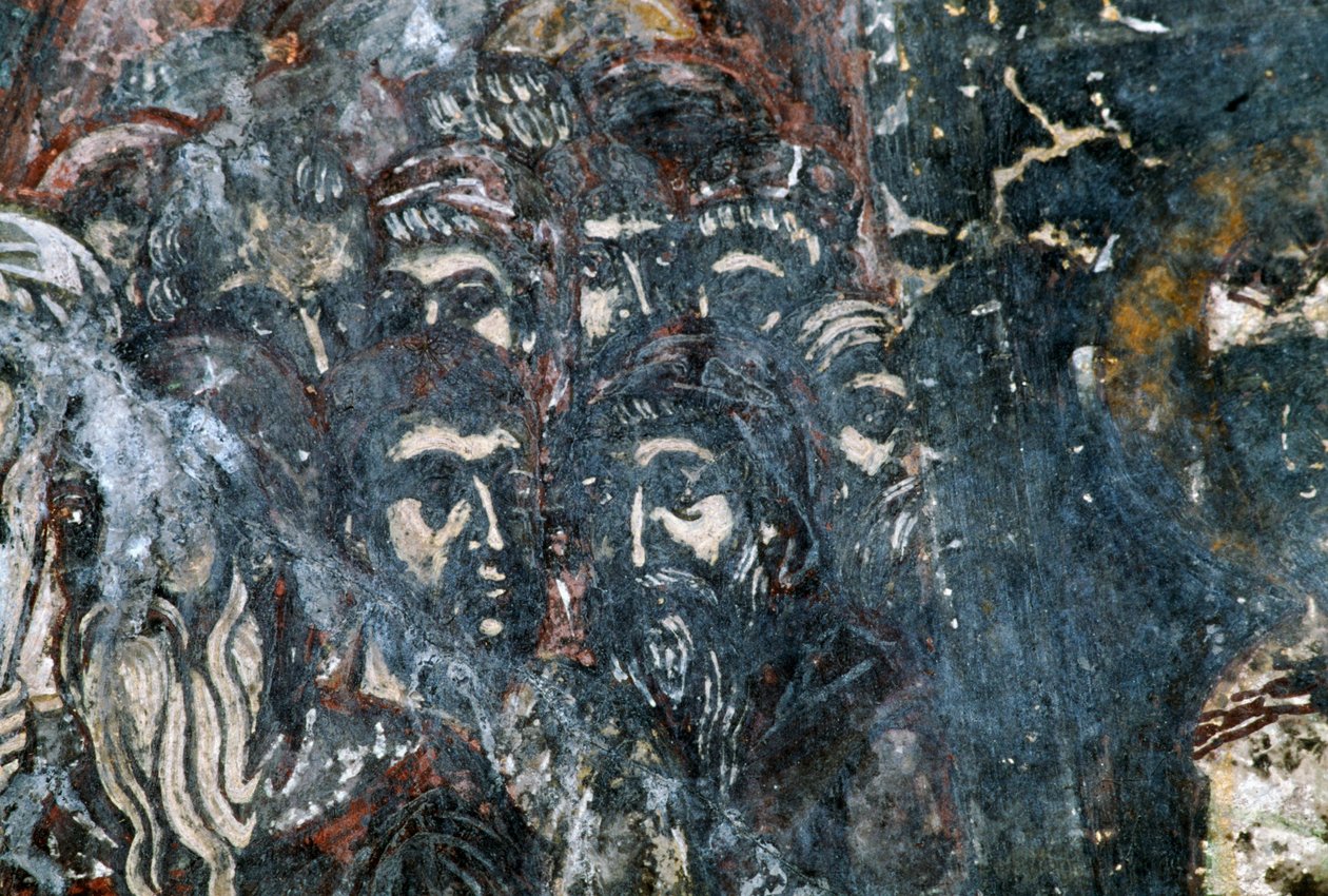Mannsfigurer, skadet freskomaleri i taket til kirken Agios Vasileios, Vavouledo, Kreta, Hellas (bilde) av Georg Carl Heinrich Dollmann