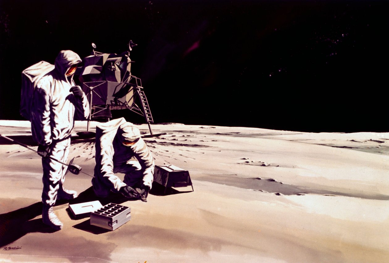 Manned Space Flight, USA, Apollo, General Artists inntrykk av astronauter som jobber på månen av Ferdinand Georg Waldmuller