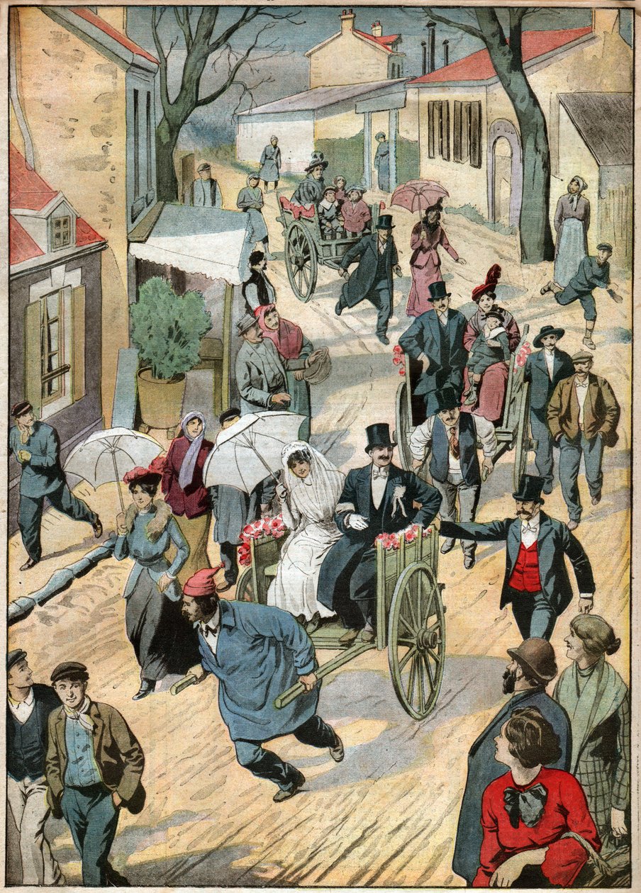 Håndkjerre bryllup. Bryllupsprosesjon på håndkjerre. av Ferdinand Georg Waldmuller