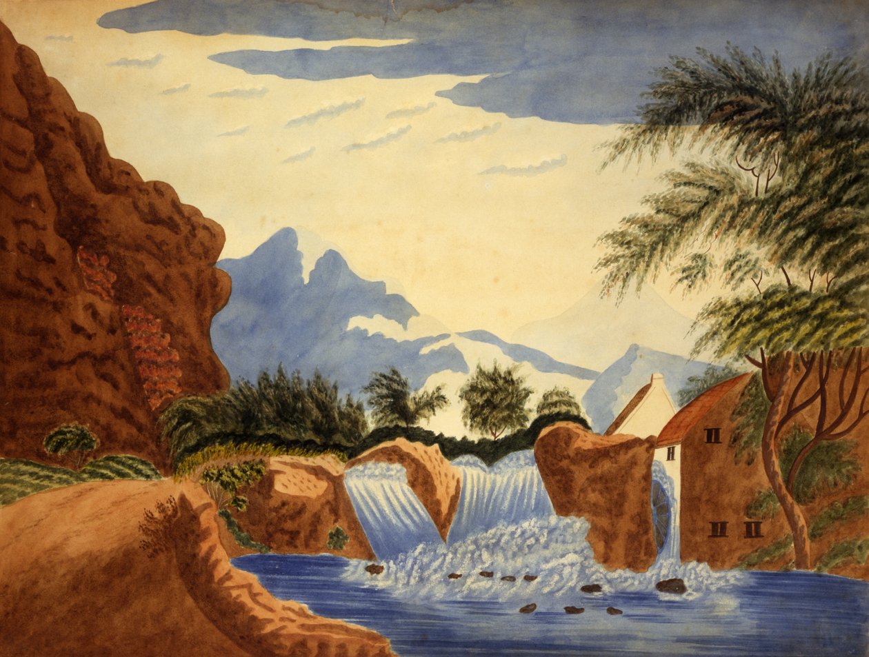 Fjellscene og vannhjul, ca. 1820-70 (akvarell på papir) av . .
