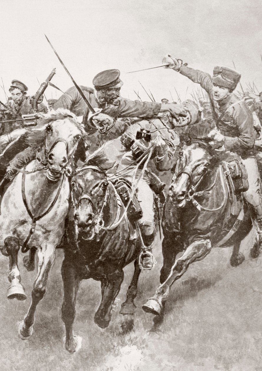 Montert kamp mellom russiske kosakker og tysk kavaleri kjent som dødens husarer en Schwansfeld, mellom Korschen og Bartenstein, Øst-Preussen, august 1914 under første verdenskrig, fra La Esfera av Ferdinand Georg Waldmuller