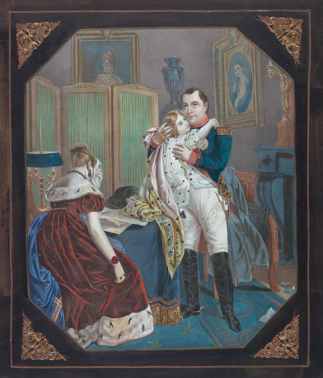 Napoleon og keiserinne Marie-Louise med kongen av Roma, ca. 1860 (litografi) av . .