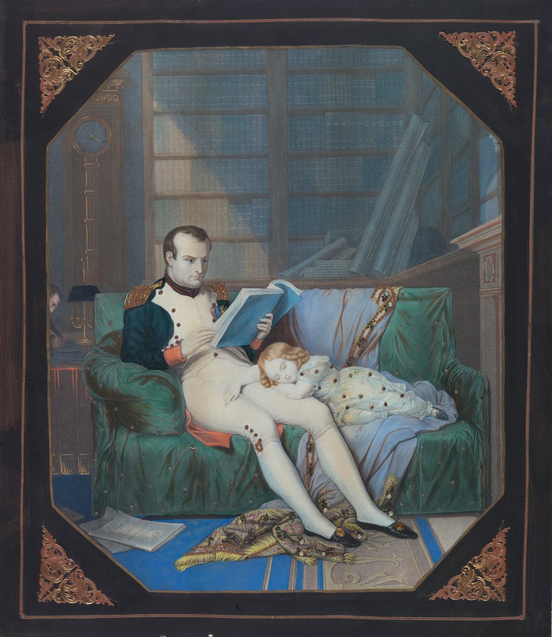 Napoleon i hans studie med kongen av Roma, ca. 1860 (litografi) av . .