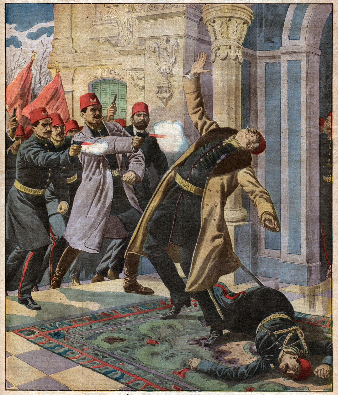 Osmansk statskupp: Enver Pasha og CUP invaderer keiserpalasset og dreper minister Nazin Pasha, 9. februar 1913 av Ferdinand Georg Waldmuller