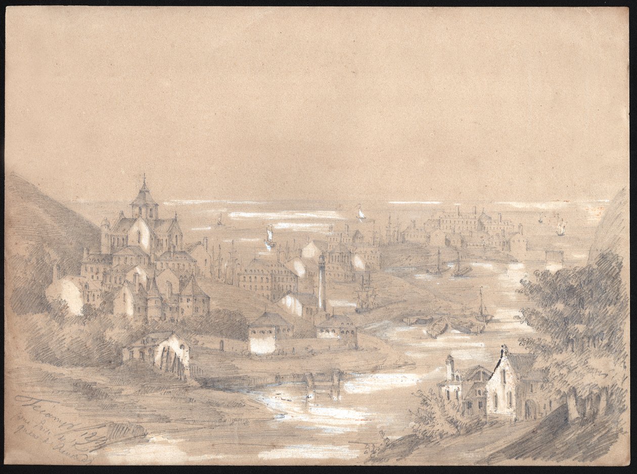 Panorama over byen Fecamp, Normandie. 1841 (tegning) av . .