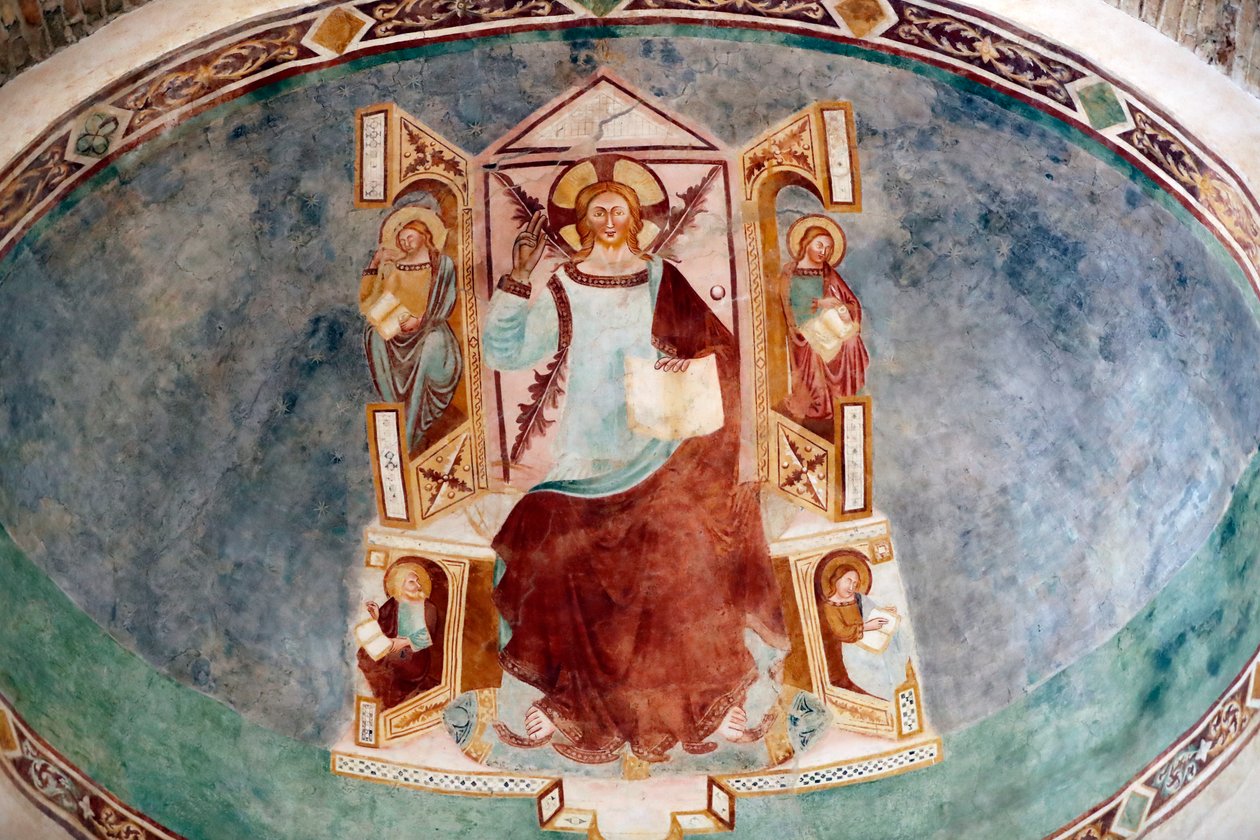Den patriarkalske basilikaen i Aquileia. Jesus og de 4 evangelistene. Fresco. Italia. av . .